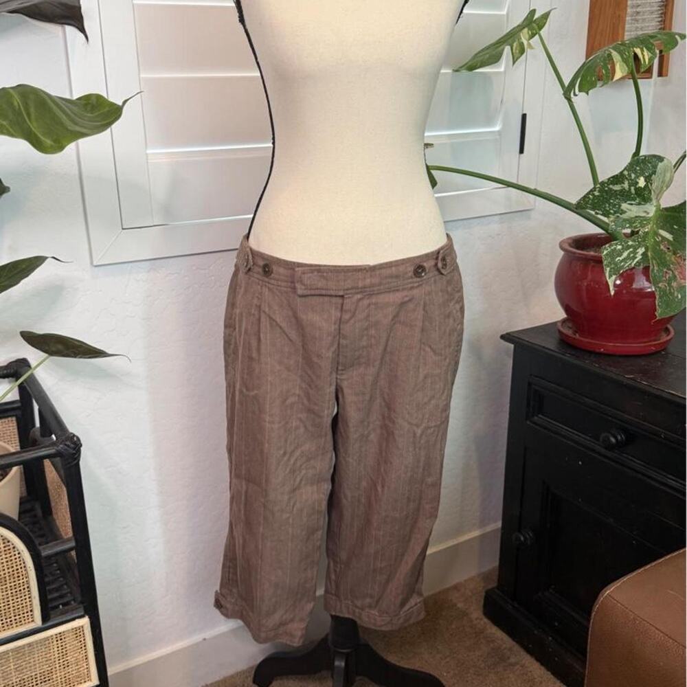 Y2K Brown Pinstripe Low Rise Capri Pants Button Tab Hem Size 8